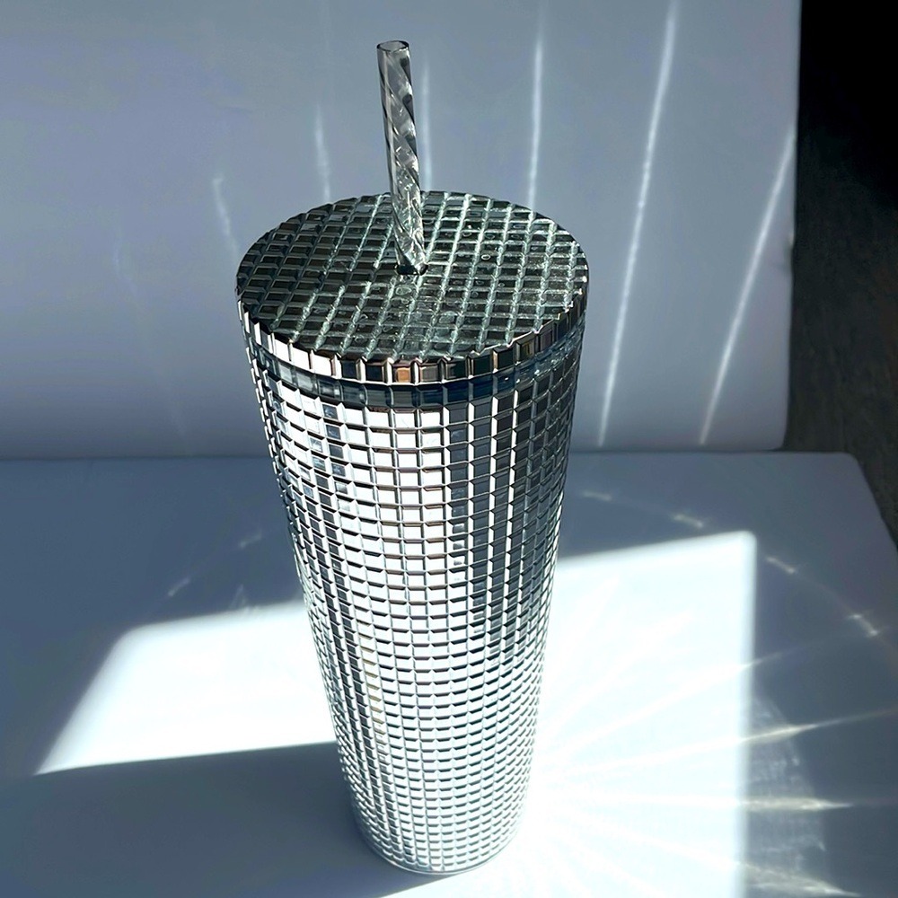 Starbucks Metallic Silver Grid Tumbler Cup with Straw - Picture 2 of 7